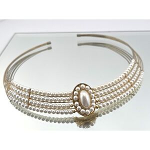 Vintage Faux Pearl Wire Choker Necklace Gold Tone Statement Open Collar Coquette